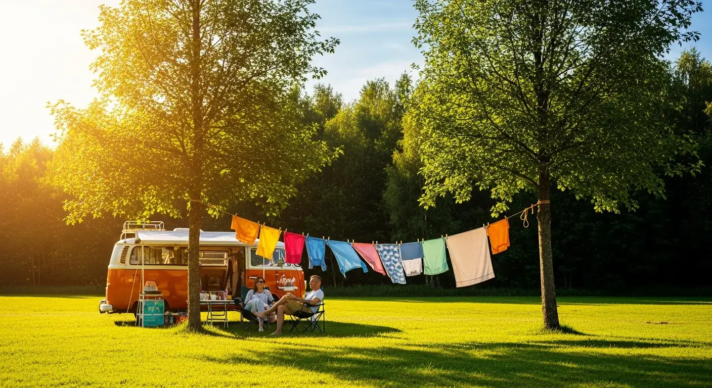 Camping-Waschmaschine vor einem Wohnmobil auf einem idyllischen Campingplatz in der Natur