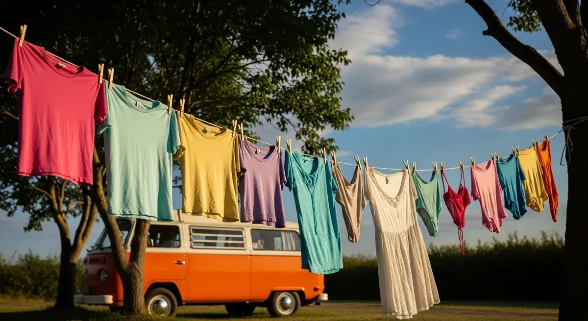 Frisch gewaschene bunte T-Shirts und Sommerkleidung trocknen auf einer Wäscheleine an einem sonnigen Campingplatz