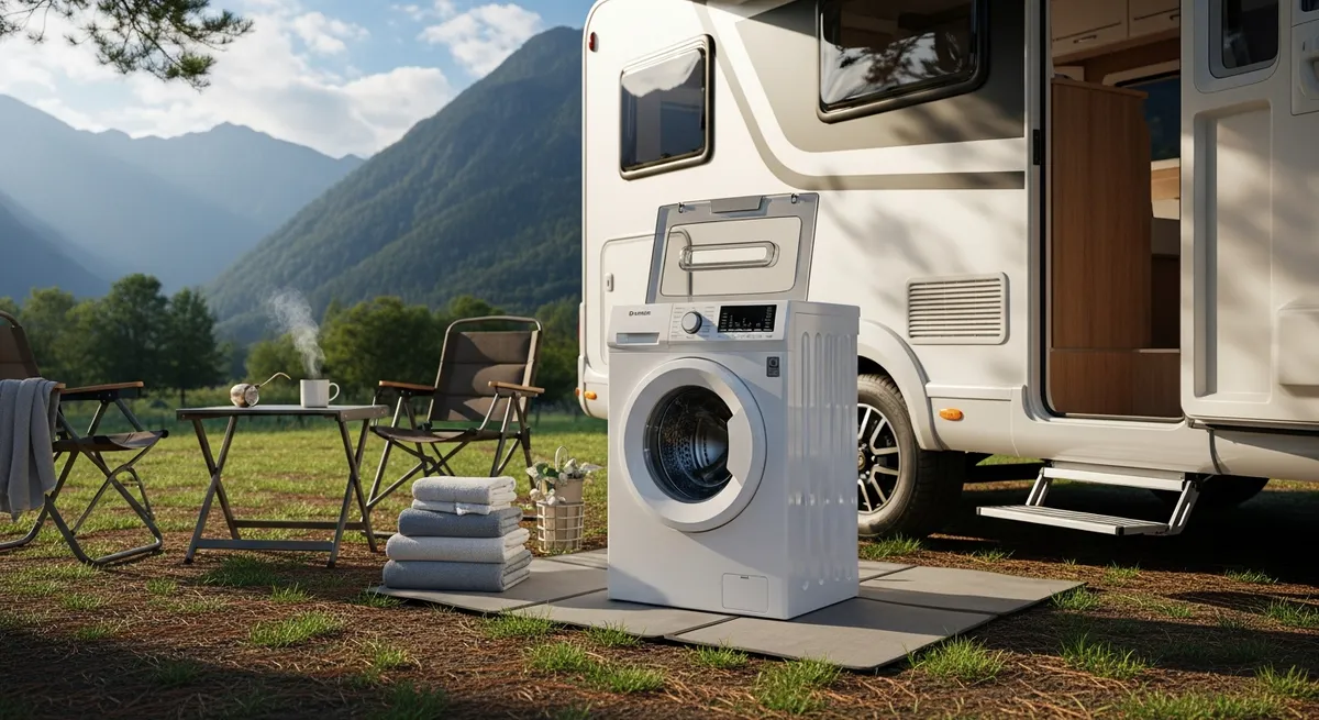 Kompakte Camping-Waschmaschine neben einem Campervan auf einem idyllischen Campingplatz in der Natur