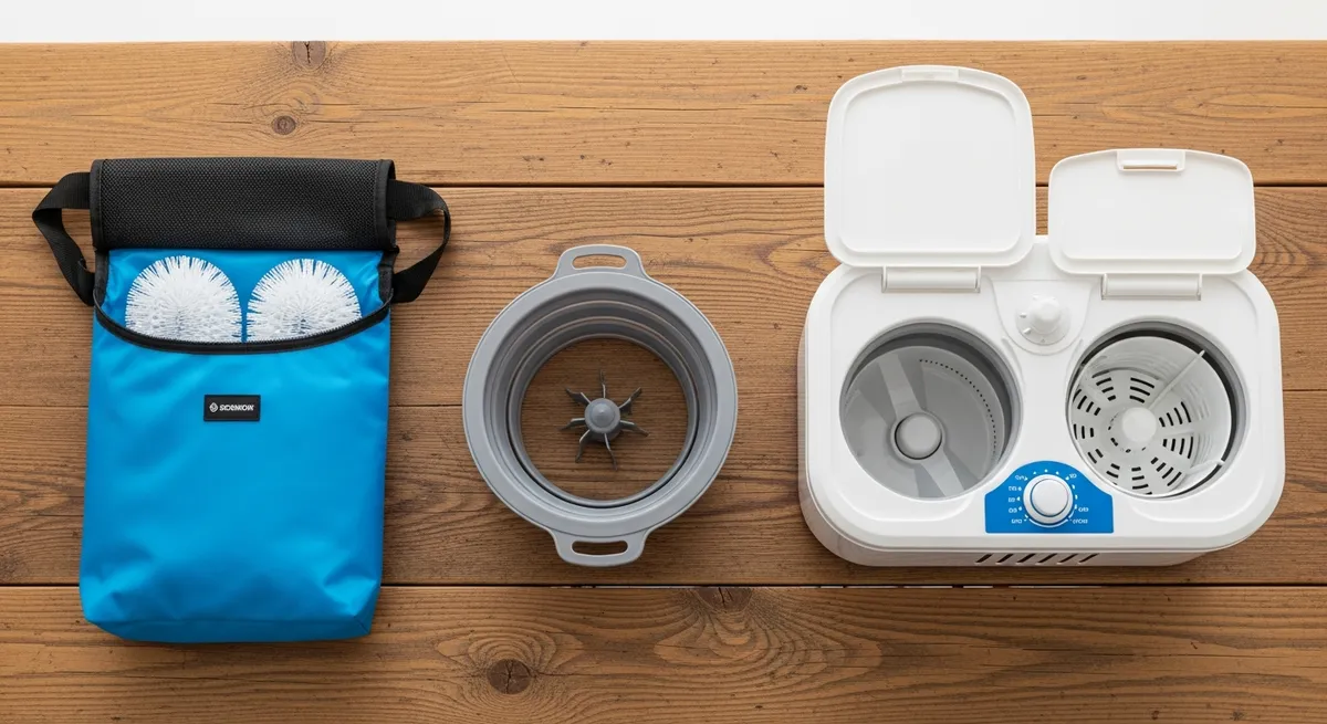 Drei verschiedene Typen von Camping-Waschmaschinen im direkten Vergleich: Waschsack, faltbare Mini-Waschmaschine und Twin-Tub-Geraet