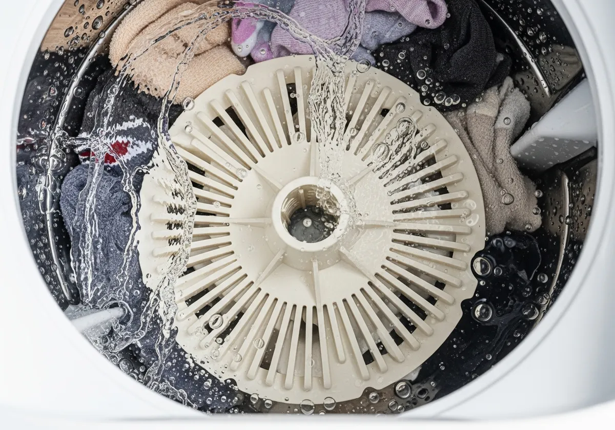 Nahaufnahme eines Pulsator-Mechanismus im Inneren einer kompakten Waschmaschine mit rotierender Scheibe und Wasserstroemung