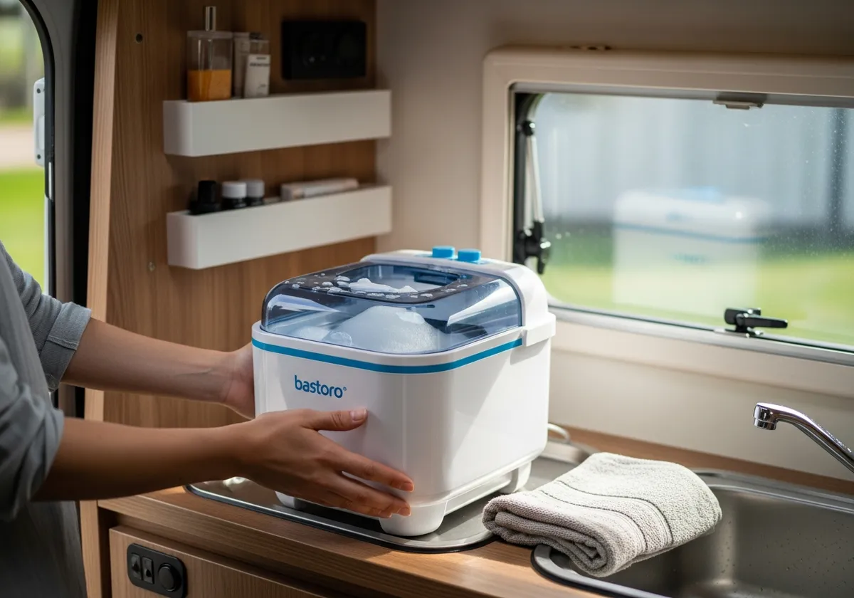 Tragbare Mini-Waschmaschine im Inneren eines Campervans bei natuerlichem Tageslicht