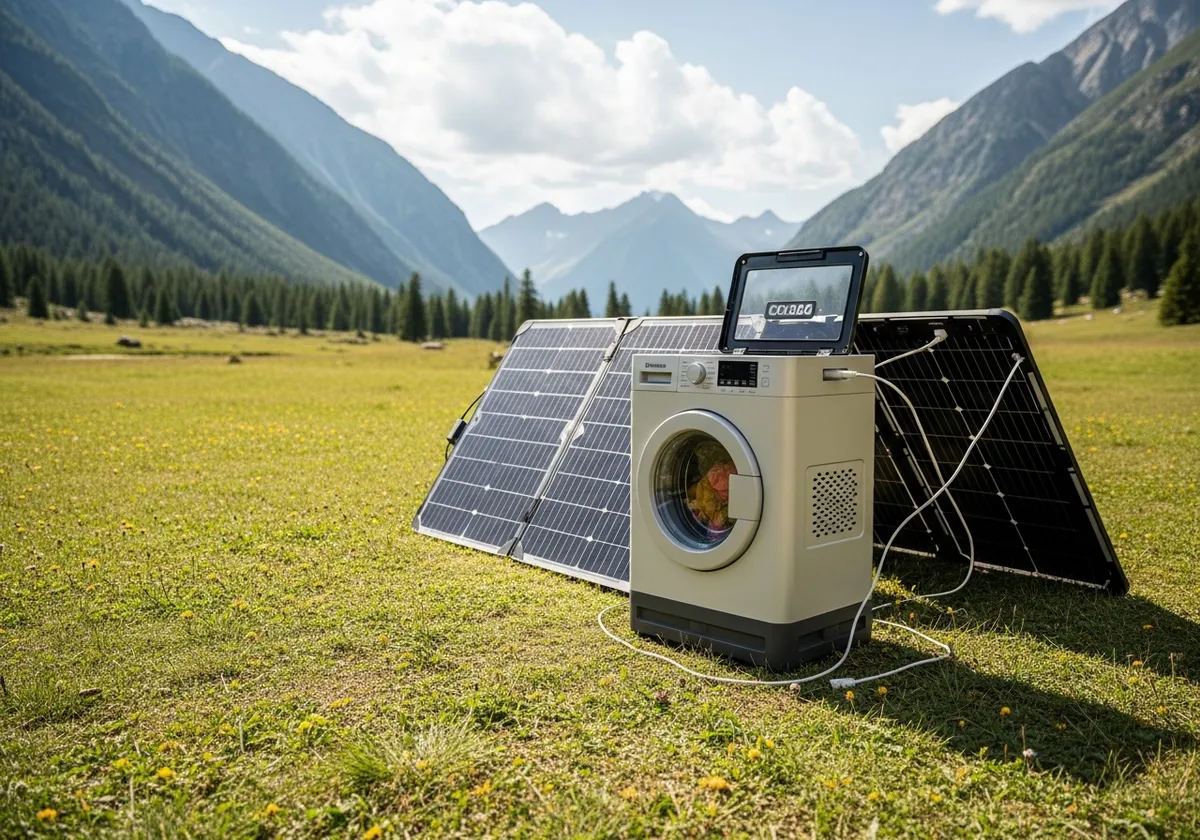 Moderne portable Camping-Waschmaschine angeschlossen an ein tragbares Solarpanel auf einem abgelegenen Campingplatz in den Bergen